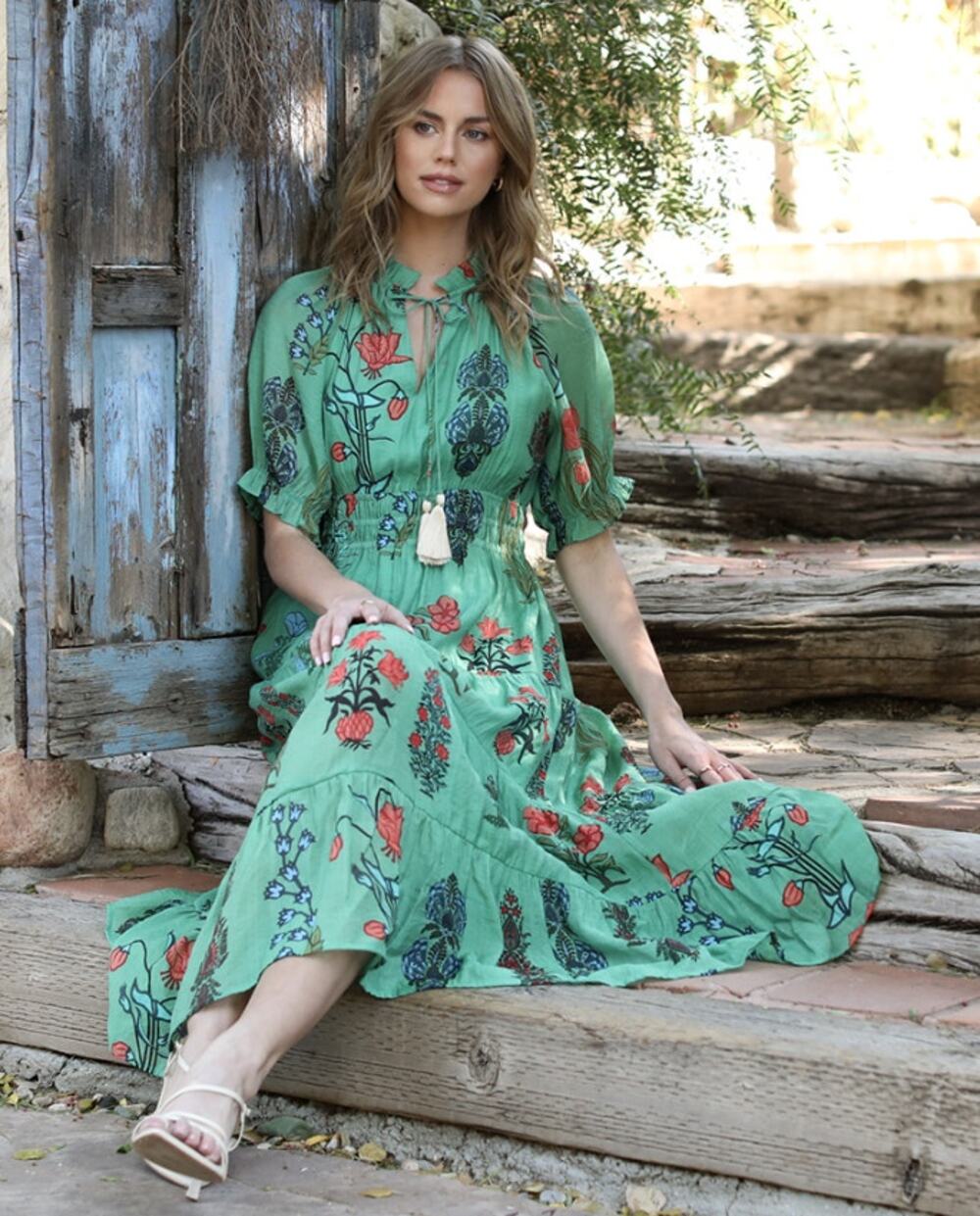 THML Floral Print Peasant Dress Green Midi Puff Sleeve Spring Summer Women's XS